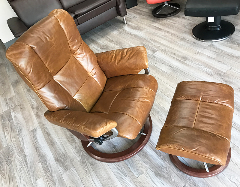 Stressless Mayfair Pioneer Olive Brown Leather Recliner Chair and Ottoman by Ekornes