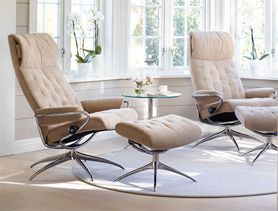 Stressless Metro High Back Fabric Recliner Chair and Ottoman by Ekornes