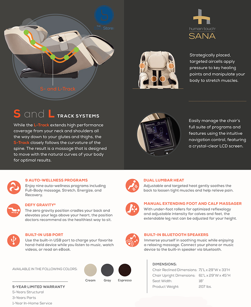 Human Touch Sana Massage Chair Zero Gravity Recliner Features